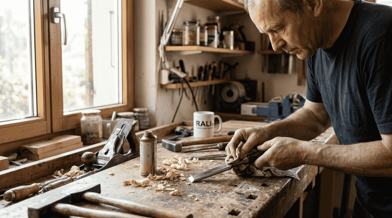 Un artisan prend soin de nettoyer son ciseau à bois sur son établi, prêt à attaquer un nouveau projet.