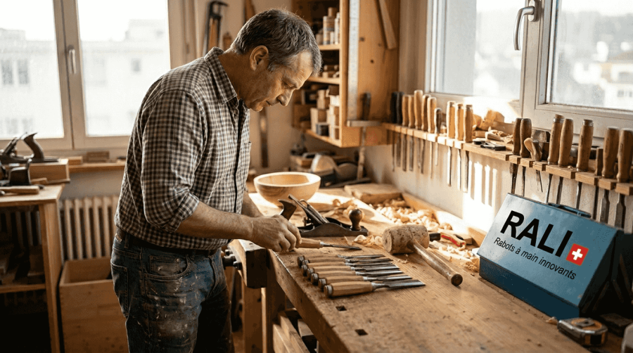 Un artisan menuisier examine minutieusement ses outils sur un établi encombré, veillant à ce que tout soit prêt pour son prochain projet.