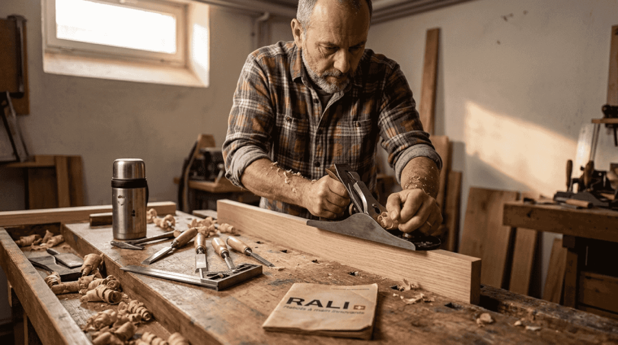 Dans son atelier encombré, un artisan travaille le chêne à la raboteuse, entouré de copeaux et d’outils disséminés un peu partout.
