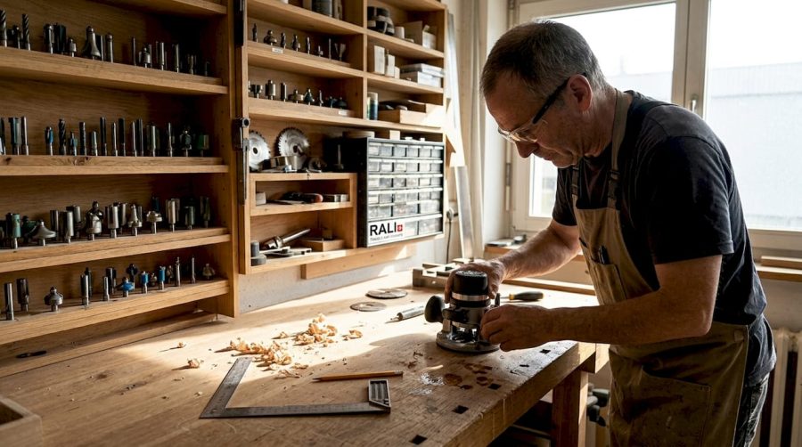 Un menuisier à l’œuvre, manipulant ses outils et travaillant le bois dans son atelier.