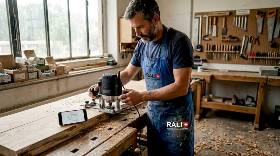 Un artisan menuisier à l’œuvre, maniant des outils de dernière génération sur son établi.