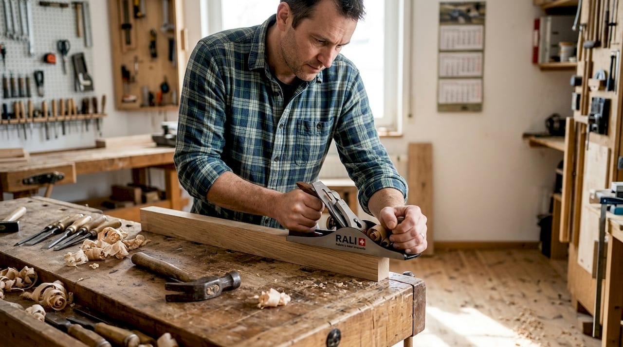 Un artisan menuisier travaille le bois massif avec précision, passant délicatement le rabot pour obtenir une finition impeccable.