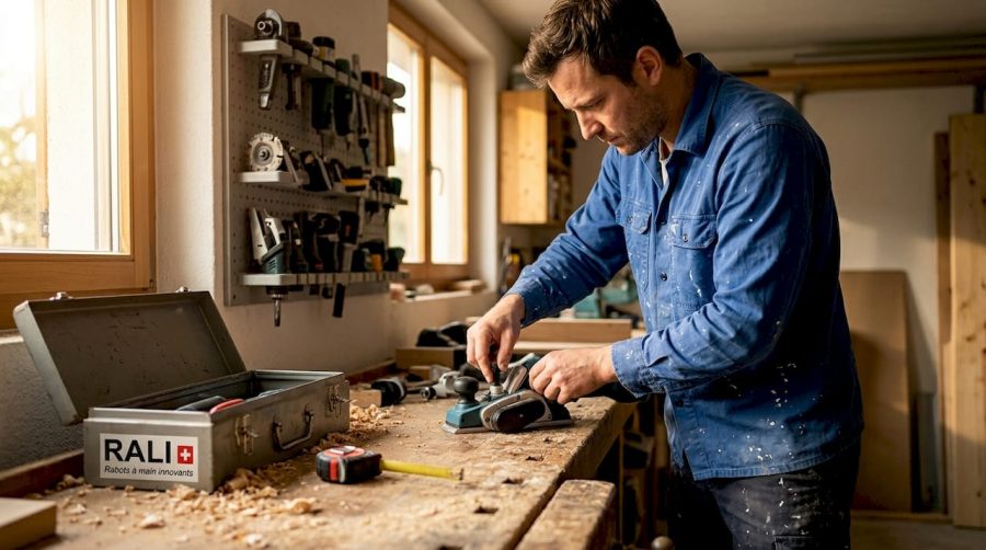 Un homme en train de régler un outil modulable dans son atelier à la maison.