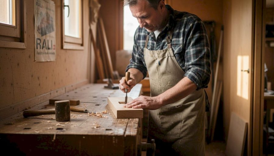 Dans son atelier, un menuisier travaille le bois avec précision, sculptant chaque pièce à l’aide de ses ciseaux.