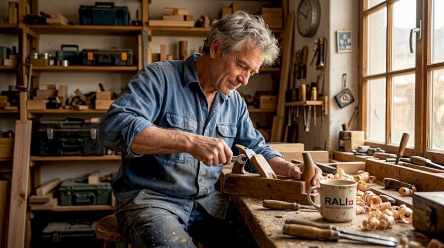 Dans son atelier baigné de lumière, un artisan s’applique à remplacer la lame de son rabot.