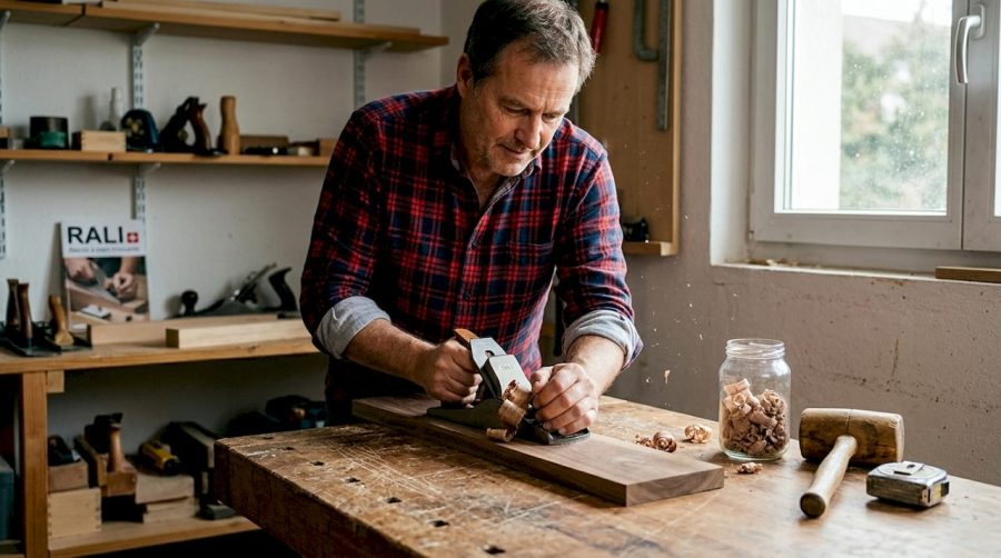 Un menuisier en train de lisser soigneusement une planche sur l’établi de son atelier.