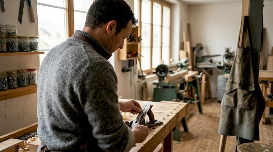 Dans son atelier, un menuisier renouvelle la lame de son rabot avec un modèle innovant.