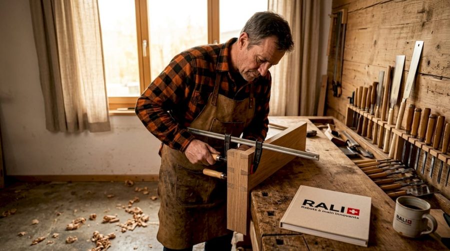 Un menuisier en train d’ajuster soigneusement un assemblage de pièces en bois sur son établi.