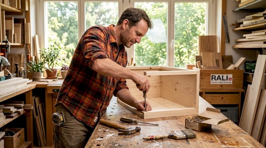 Un passionné de bricolage en train de monter un meuble en bois dans son atelier.