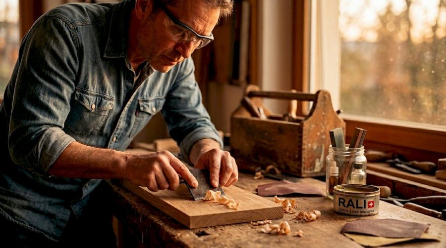 Un ébéniste en train de travailler le bois avec un racloir dans son atelier.