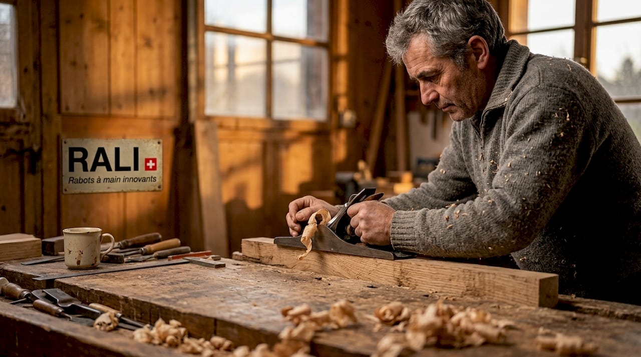 Un menuisier en train de lisser une planche à la main