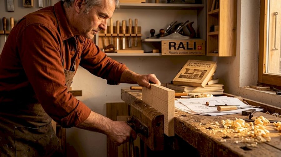 Un menuisier installe une pièce de bois dans l’étau de son atelier avant de la travailler.