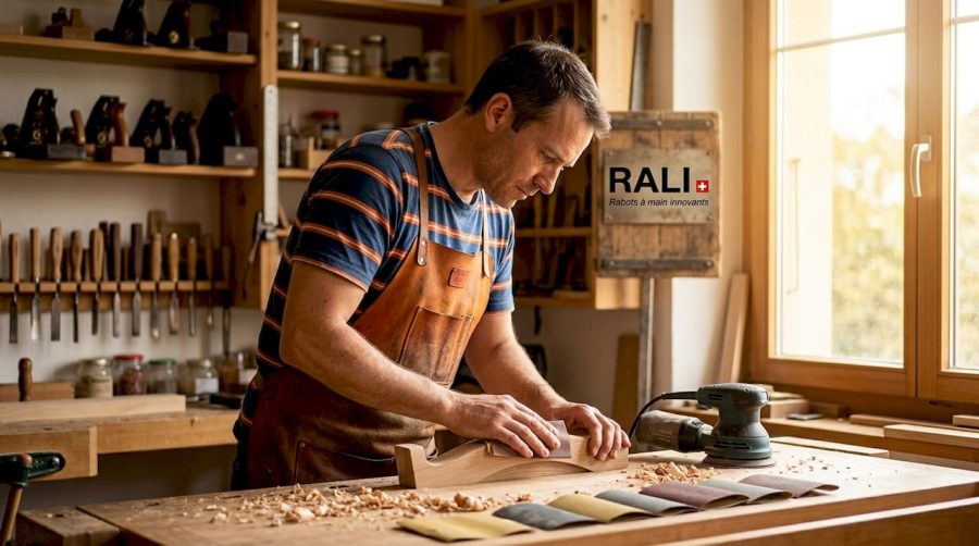 Dans son atelier, un artisan façonne délicatement une pièce de bois à l’aide de sa ponceuse, peaufinant chaque détail pour obtenir un résultat impeccable.