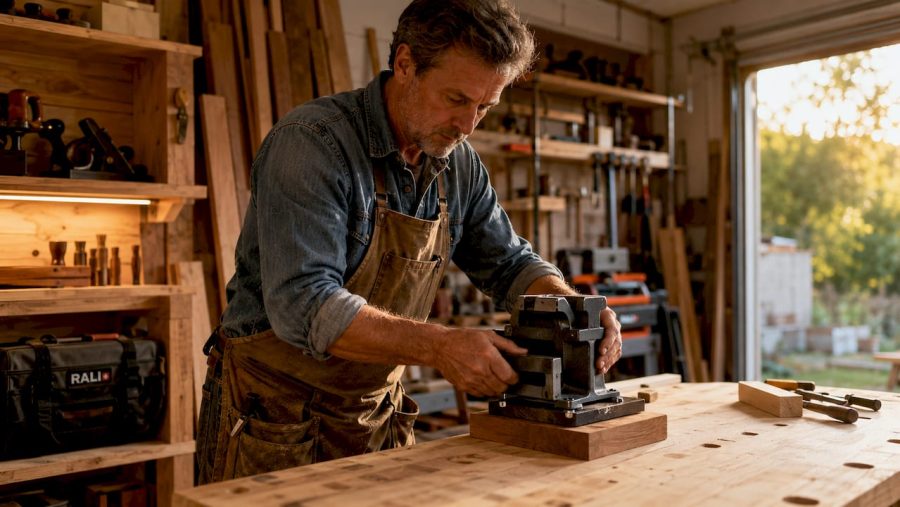 Un artisan fixe soigneusement un étau sur son établi, prêt à commencer son travail en atelier.