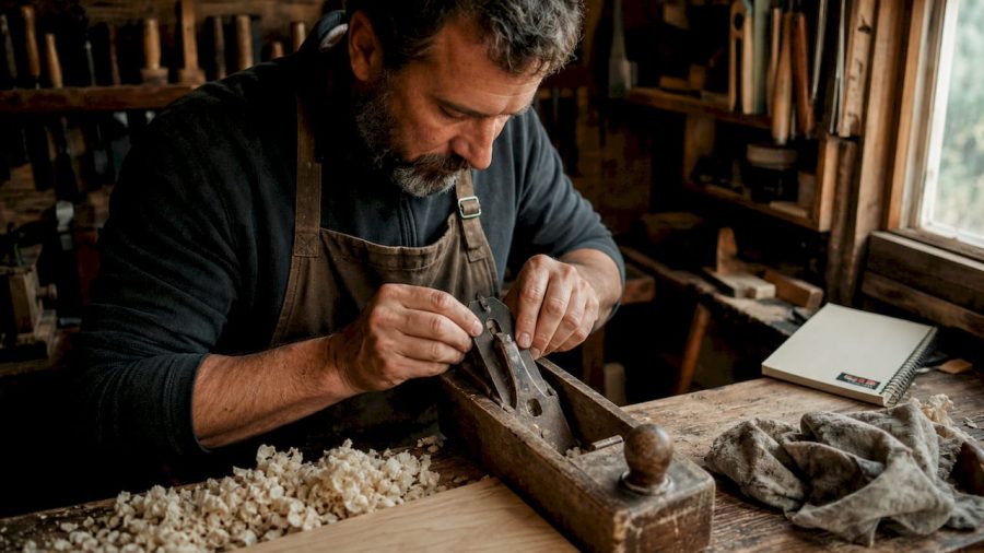 Un artisan règle avec précision la lame réversible de son rabot en bois.