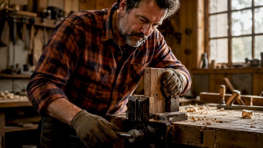 Un menuisier en plein travail utilise un étau fixé à son établi dans son atelier.